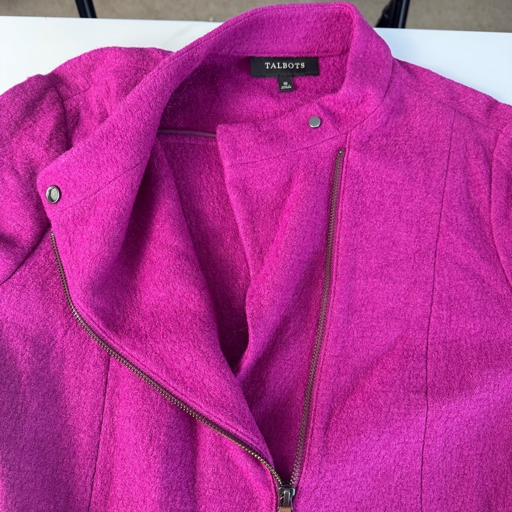 Talbots Magenta Wool Blend Asym Zip Moto Jacket Zipper Pockets Women 10 - Picture 11 of 12